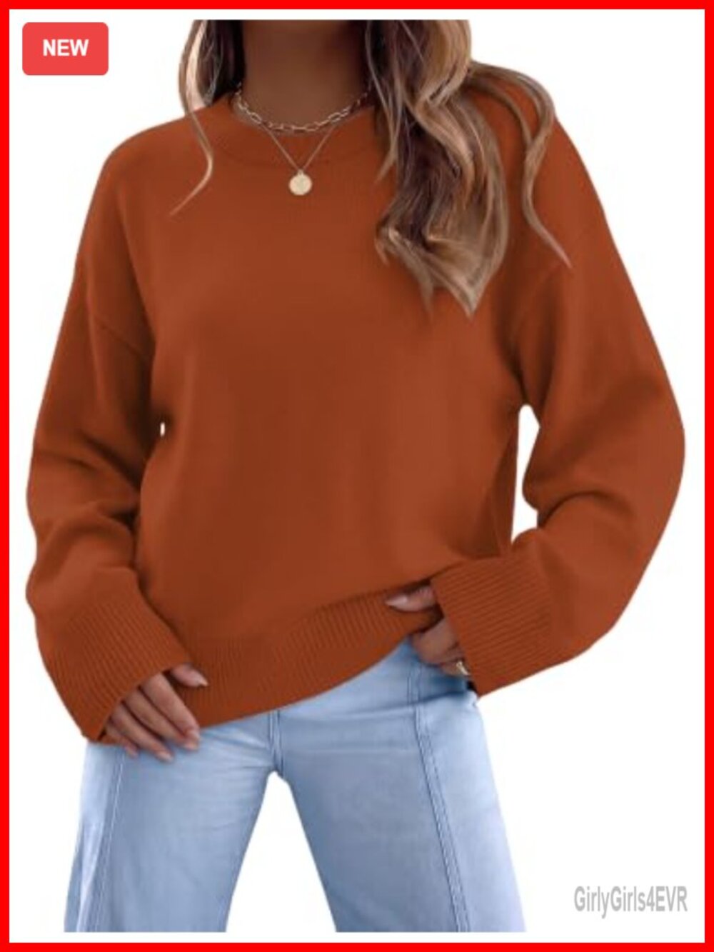 Womens Crew Neck Knit Sweater Pullover Oversized Long Sleeve Fall